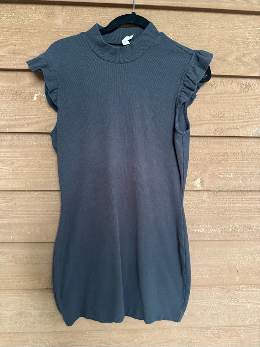 Anthropologie Daily Practice Ribbed Black Ruffle Sleeve Mock Neck Dress size M